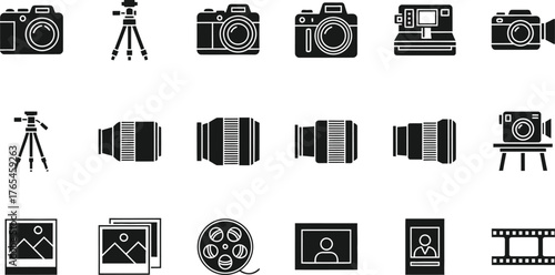 Collection of black and white photography and videography equipment icons isolated on transparent background