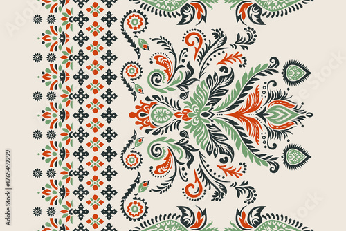Paisley Floral Motif Seamless Border - Traditional Indian, Persian, or Turkish Ornamental Pattern. Perfect for projects needing a trim, textile print, fabric, apparel, invitations, and packaging.