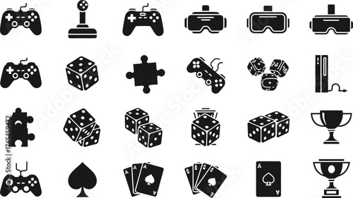 Collection of black and white gaming icons including joysticks controllers vr headsets dice cards and trophies isolated on transparent background