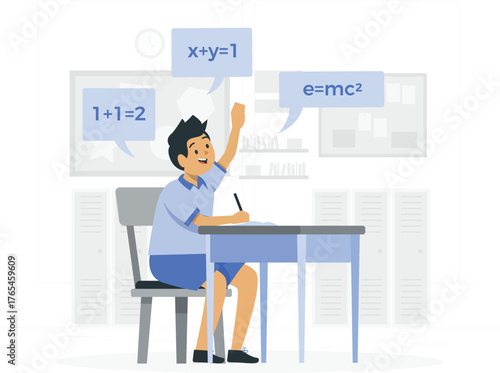Student raising hand in classroom with math equations education school
