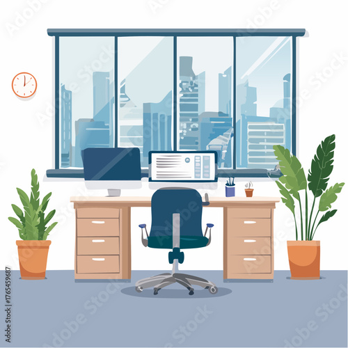 Modern Office Workspace with Urban City View