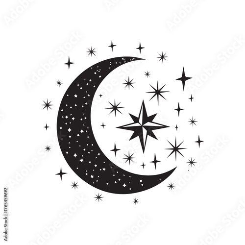 Crescent moon silhouette, night sky stars, celestial icon, black vector, astronomy symbol, sleep theme, dreamy design, minimalist night, cosmic art