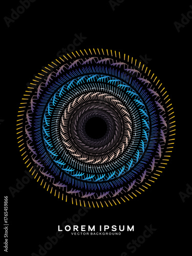 Music poster design background. Electro Sound Cover Template with dynamic abstract gradient circular geometric line shapes for t-shirt screen printing, technology, digital, party, festival and club.