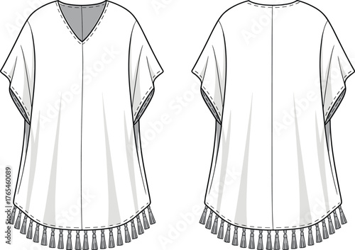 Kaftan flat sketch with tassel hem, V-neck loose beach cover up dress front and back fashion design template
