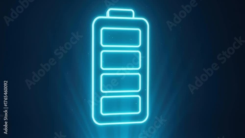 Battery technology advancements concept featuring glowing futuristic battery icon with digital light and neon power effects on dark background for energy innovation