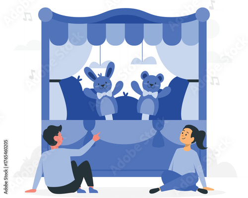 Children Watching a Puppet Show with Bunny and Bear Puppets children entertainment performance
