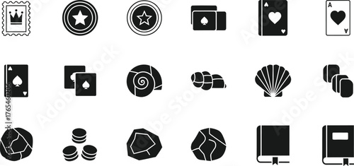 Collection of casino and gambling related icons including playing cards poker chips dice and coins isolated on transparent background