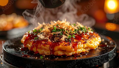 Cinematic macro shot of okonomiyaki on a hotplate, sauce glazing on top, bonito flakes moving in the steam, warm moody lighting