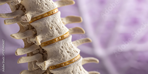 Spinal vertebrae and disc structure showing aging effects on human skeleton with detailed bone texture and intervertebral disc spacing