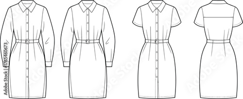 Women’s shirt dress flat sketch with belt, button-front design, collar, long and short sleeve versions, technical fashion template