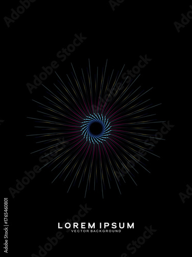 Music poster design background. Electro Sound Cover Template with dynamic abstract gradient circular geometric line shapes for t-shirt screen printing, technology, digital, party, festival and club.