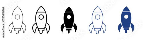 Set of minimalist rocket icons with transparent background, depicting startup symbols, launch concepts, business growth, speed, and innovation, vector illustration 