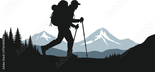 Silhouette of a hiker with a backpack and trekking poles walking through a mountainous landscape with pine trees isolated on transparent background