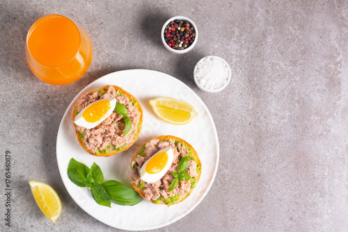 Two delicious tuna open sandwiches with avocado and boiled eggs. Tuna toast.
