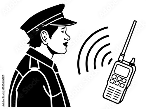 Modern vector-style police officer illustration in solid black, viewed from the shoulders up in a semi-profile. To the right, a stylized walkie-talkie with vertical antenna and radiating signal marks.