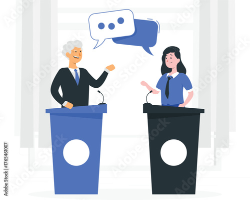 Two Politicians Debating at Podiums with Speech Bubbles debate politics