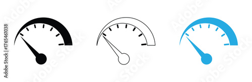 Speedometer icon set isolated on white background,Speedometer gauge showing low speed, performance indicator icon,Speed signs. Speedometer black icons set. Speed indicators with arrows. Fast speed