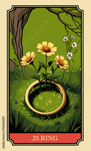 The ring. A comic-style fantasy card from the Lenormand Oracle deck. The classic 5:3 ratio for divination cards.	