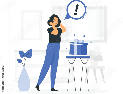 Woman Surprised by Gift Box with Exclamation Mark Speech Bubble present ribbon