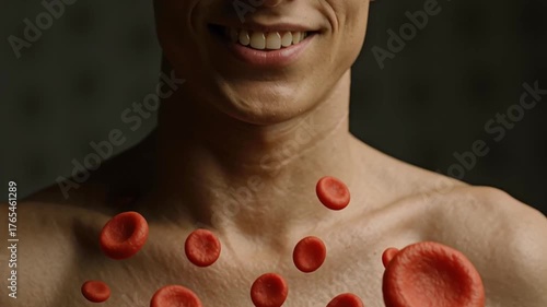 Medical red blood cell closeup showing human skin health science anatomy biology concept with detailed circulatory system and floating erythrocyte cells for medical research and treatment illustration