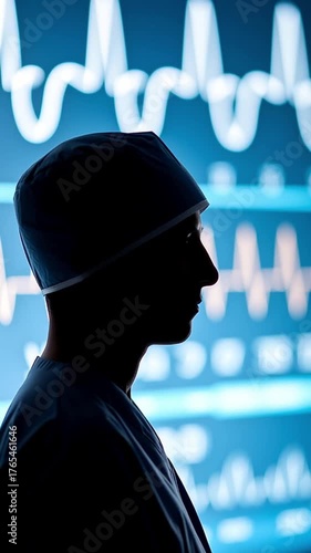 Medical professional monitoring heart rate monitor with medical data and technology hospital healthcare environment doctor nurse analyzing vital signs pulse waveforms for advanced healthcare