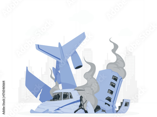 Airplane wreckage and destroyed building with smoke billowing against a city skyline crash