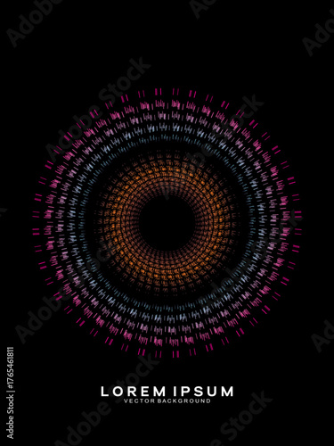 Music poster design background. Electro Sound Cover Template with dynamic abstract gradient circular geometric line shapes for t-shirt screen printing, technology, digital, party, festival and club.