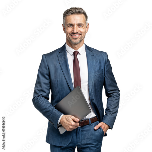 Confident middle-aged businessman in a suit standing happily and holding a laptop on an isolated transparent background.