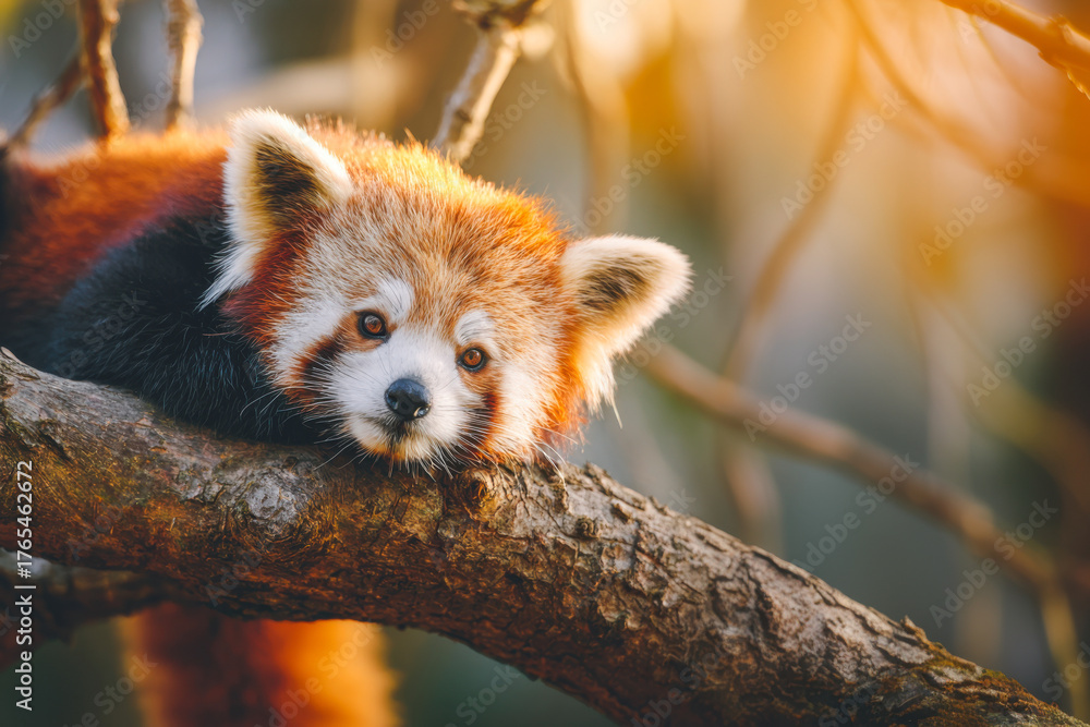 Fototapeta premium Red panda resting peacefully on a tree limb in a natural setting during golden hour