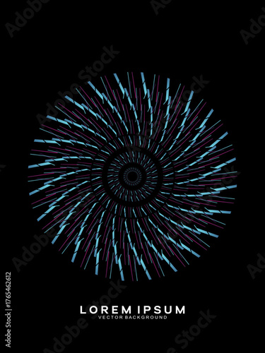 Music poster design background. Electro Sound Cover Template with dynamic abstract gradient circular geometric line shapes for t-shirt screen printing, technology, digital, party, festival and club.