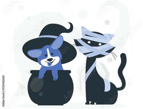 A cute blue dog in a witch hat in a cauldron next to a black cat dressed as a mummy for Halloween spooky