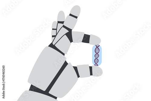 Robot hand holding DNA capsule isolated on white background. AI and genetic technology concept. Vector flat clipart.