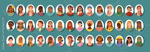 Set of women's portraits of different world nationalities. Big set of diverse female avatars in national and modern clothing - multicultural portraits collection. Vector cliparts in flat style.