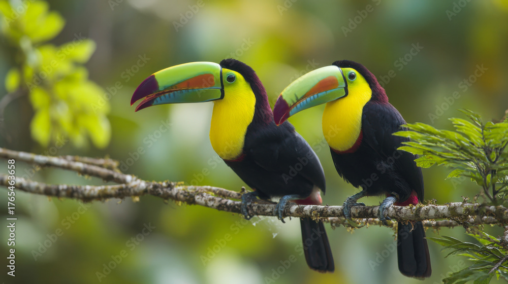 Fototapeta premium Toucans resting peacefully on branches in the rainforest under warm sunlight