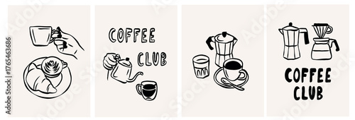 Set of outline coffee posters. Line art drawing