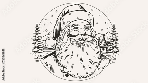 Illustration of santa claus with a beard and hat in a winter landscape with trees and a house scene