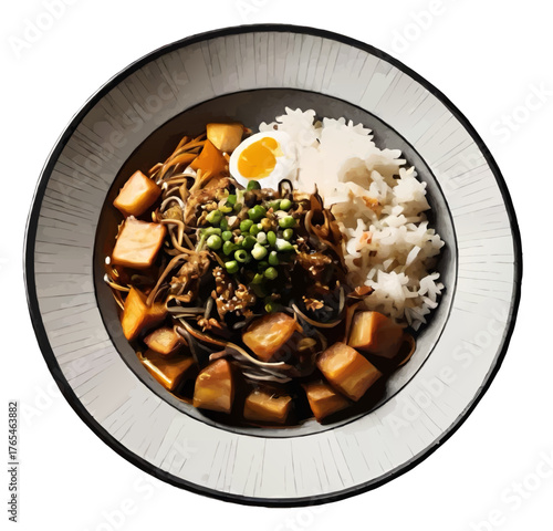 lunch meal, meat, rice, egg and peas on a plate vector illustration