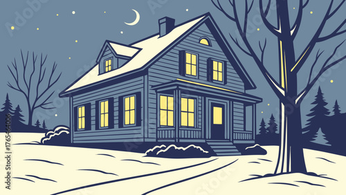 Illustration of a house in winter with snow covered roof and yard under a crescent moon and starry sky nightscape