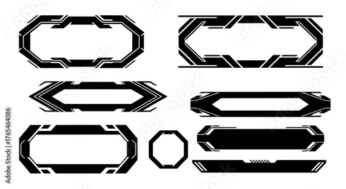 A set of modern sci-fi frames and futuristic panels. These black and white vector graphics are perfect for a gaming stream overlay or a high-tech UI.