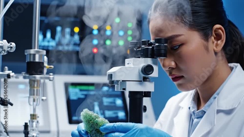 Female scientist examining plant tissue under microscope in modern laboratory.