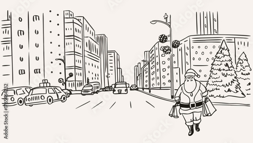 Santa claus walking with shopping bags on a city street with cars and buildings in a christmas scene