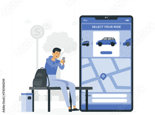 Man using smartphone to select a ride from a ride-sharing app with map and vehicle options selecting ride