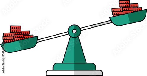 Imbalanced balance scale weighing unequal stacks of gold coins vector illustration