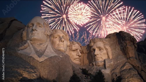 Mount Rushmore monument featuring the carved faces of four US presidents illuminated at night with fireworks bursting in the dark sky above the iconic landmark