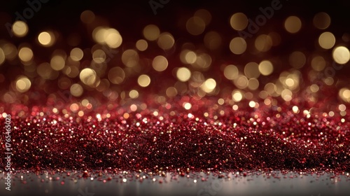 Close-up of vibrant red glitter scattered, with warm golden bokeh background