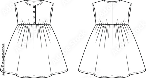 Children sleeveless dress flat sketch, CAD fashion design, gathered waist baby dress technical drawing, vector template, apparel illustration