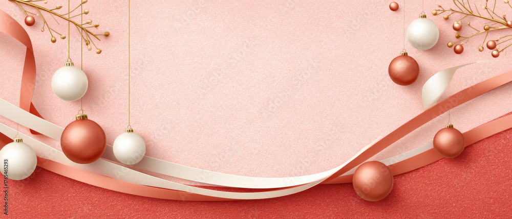 Fototapeta premium Festive pink holiday background with ribbons and hanging baubles evoking warm cheer