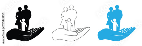Family in hand icon isolated on white background, vector design,Protecting families with loving care and secure support,Hands holding heart icon set. Healthcare,Donation and giving aid concept