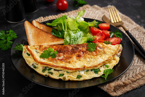 Omelette with cheese, tomatoes and green herbs. Omelette, salad and toast. Keto, ketogenic lunch. Healthy breakfast.