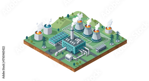 Geothermal Power Plant Map Vector – Renewable Energy Sustainable Power and Eco Industry Illustration